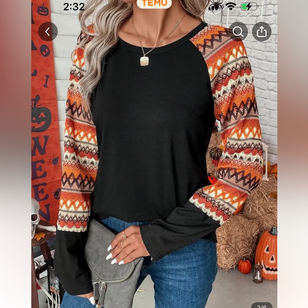 79. Color Block Geo Print Top , Elegant Crew Neck… - image 2